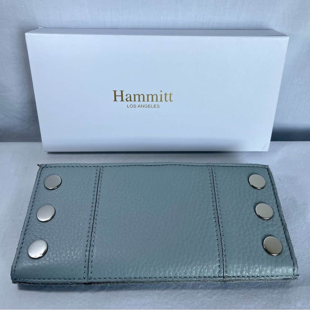 Hammitt Dust Blue Pebble Leather 110 North Wallet with Brushed Silver Studs